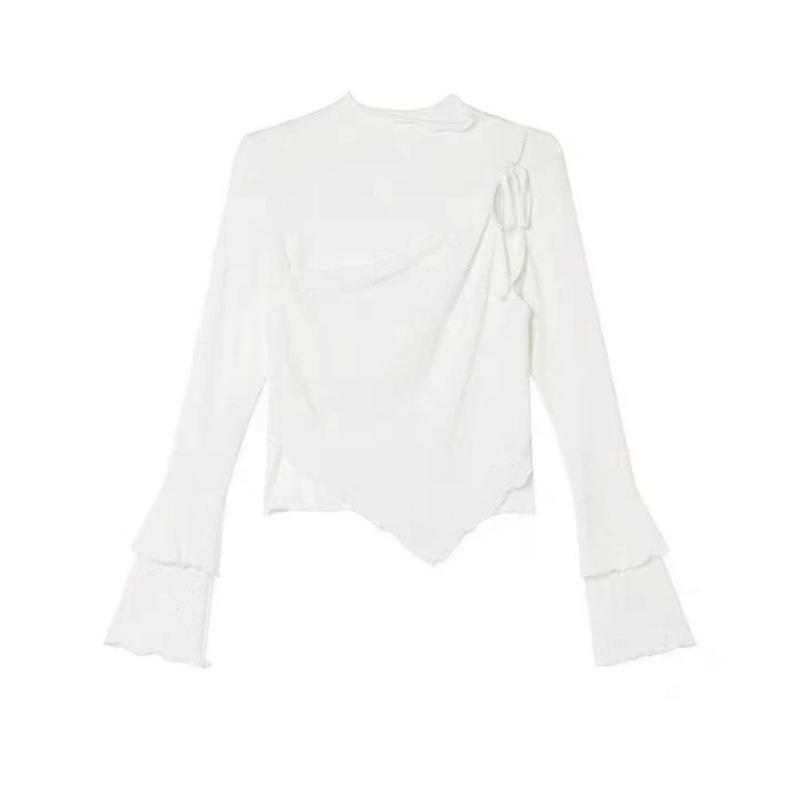 Splicing Fake Two-piece Wooden Ear Edge White Long-sleeved T-shirt Women's Spring and Autumn Slim-fit Bottoming Shirt Irregular Short Top