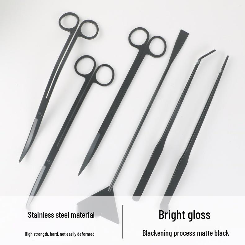 Aquatic Plant Care Kit: Scissors, Sand Leveler, Tweezers, Cloth Bag - 5-Piece Set.
