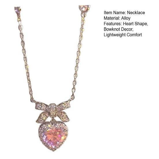 Women Necklace Sparkling Rhinestones Heart Bow Design Pendant Necklace Valentine Day Anniversary Jewelry Gift