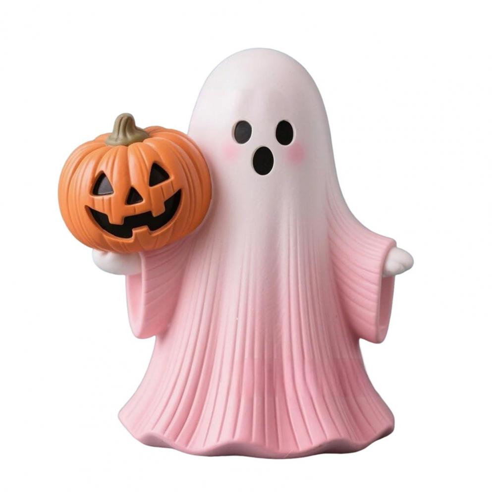 Halloween Ghost Ornament Mini Ghost Statue Pink Halloween Ghost Figurine Set with Pumpkin Decoration Resin Tabletop Decoration