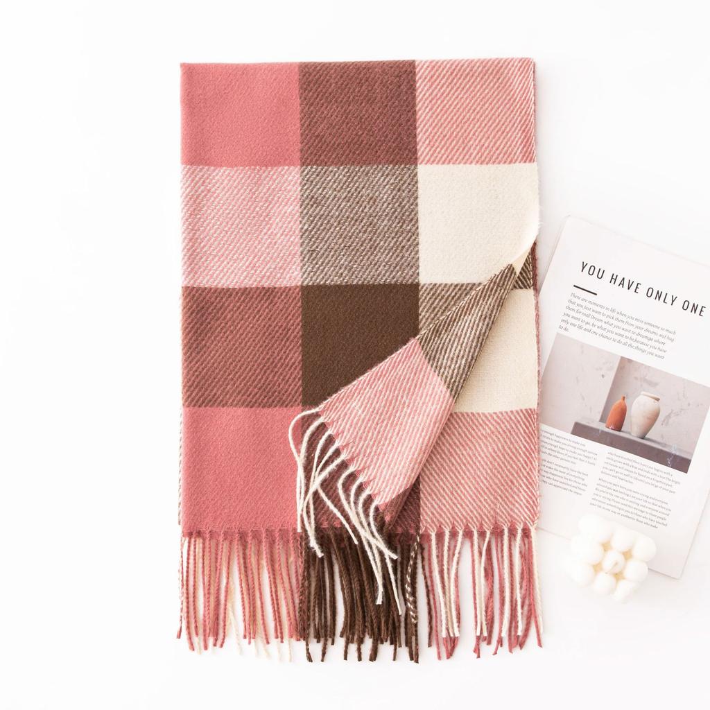Winter New Plaid Scarf Printed Tassel Imitation Cashmere Scarf Fashionable Sweet Shawl Mid Length Thick Warm Scarf
