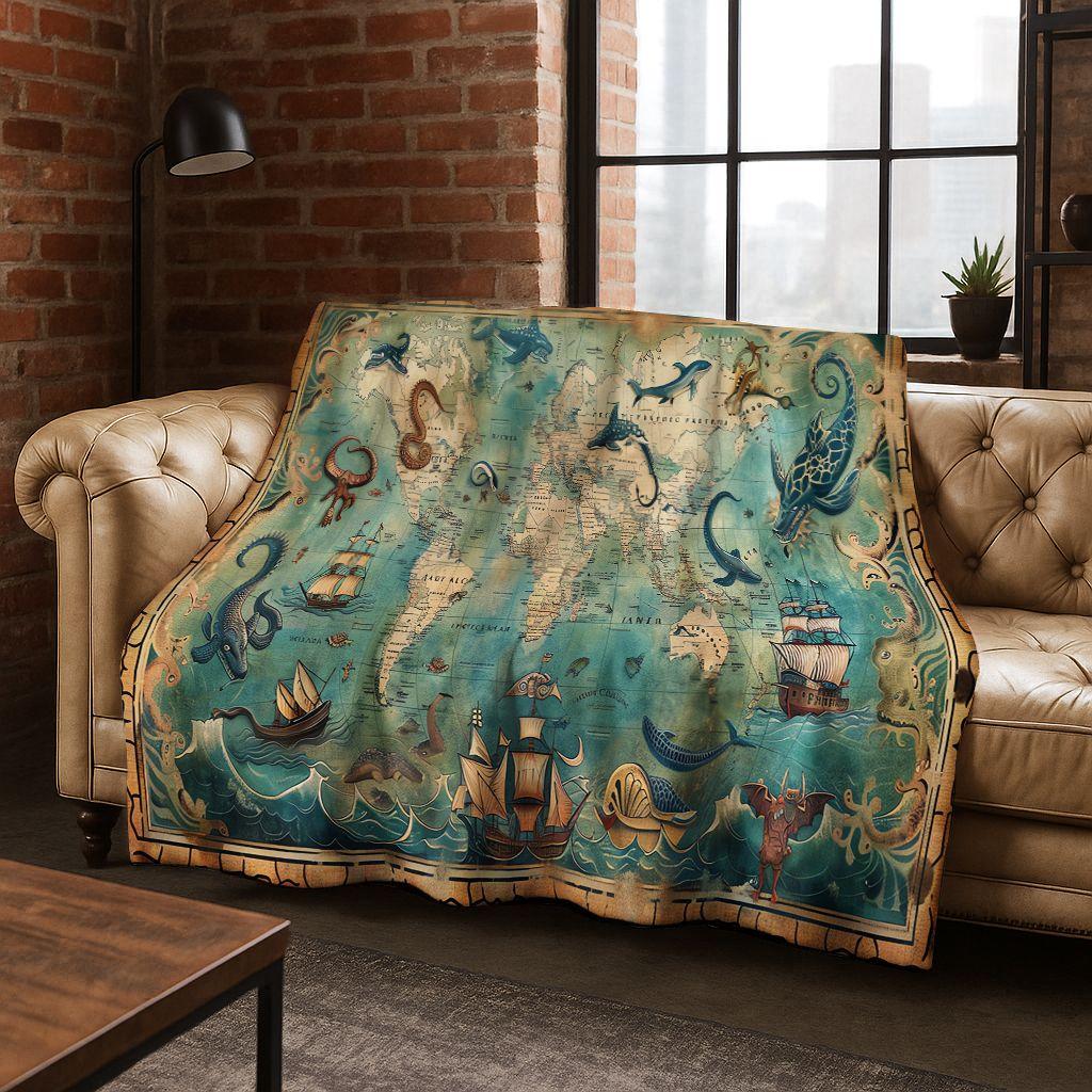 Retro Nautische Karte Kompass Schatzkarte Flanell Decke, Gemütliche Weiche Überwurfdecke für Zuhause Schlafzimmer Bett Sofa Abdeckung Geschenk Kinder