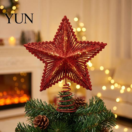 Holiday Party Ornament Glitter Star Christmas Tree Topper, Hollow Treetop Ornament, Top Accent Piece Sparkling Decoration for Home Decor Gold Silver