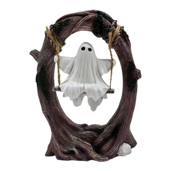 Halloween Ghost on Tree Swing Figurine Swinging Cartoon Ghost Statue Ornament Home Office Garden Patio Lawn Bookshelf Desktop Decoration