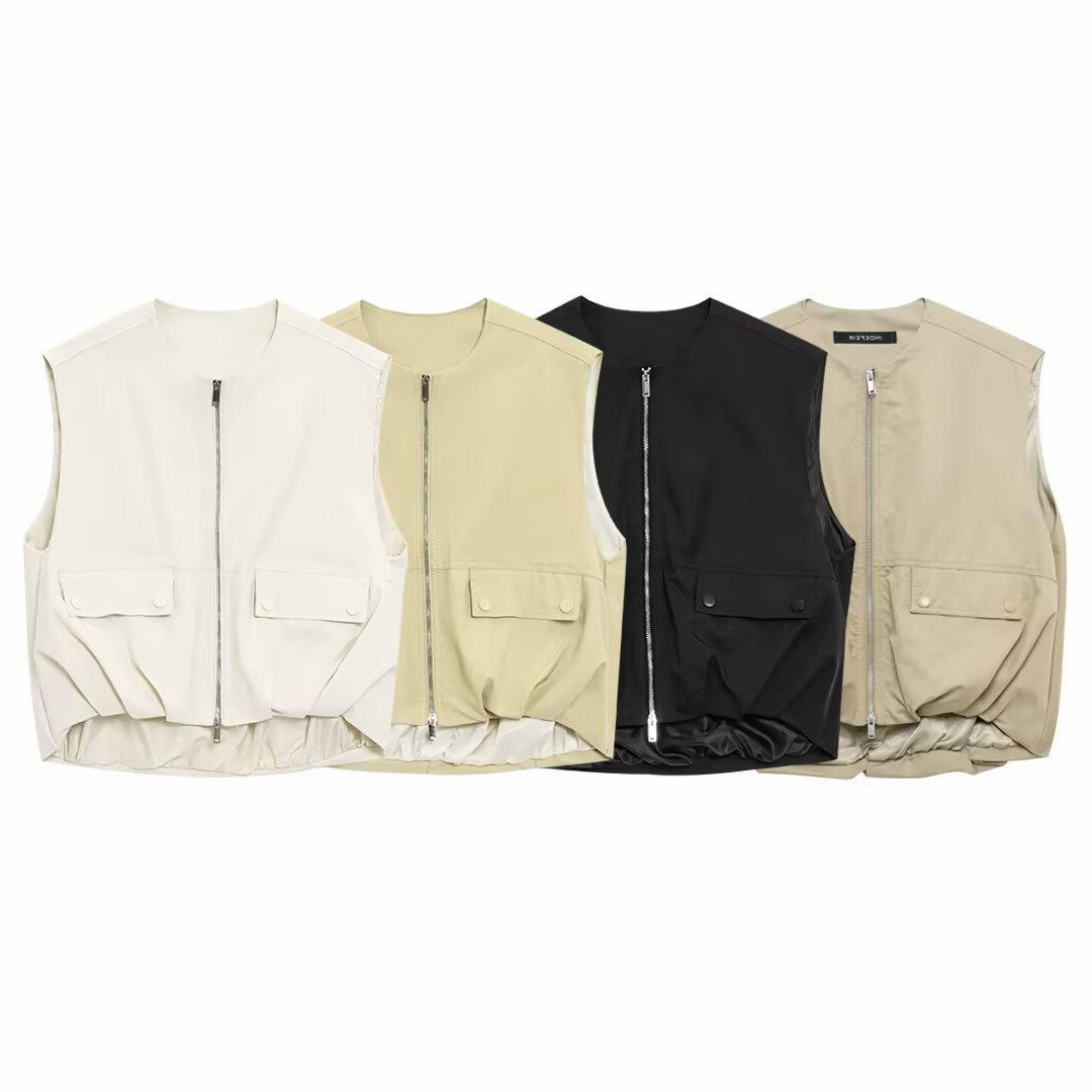 

TAOP&ZA Summer Women s Sleeveless Ruffle Vest with Round Neck and Zipper Trim XS