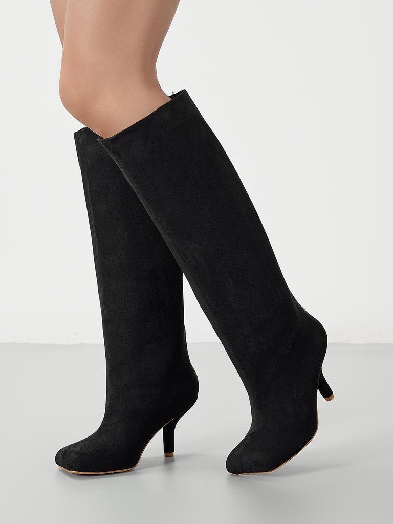 Mode Weitende und Vergrößernde Damen Kniehohe Wildleder Weitschaft Quadratische Zehenpartie Hohe Stiefel Schuhe für Damen Plateau-Stiefel