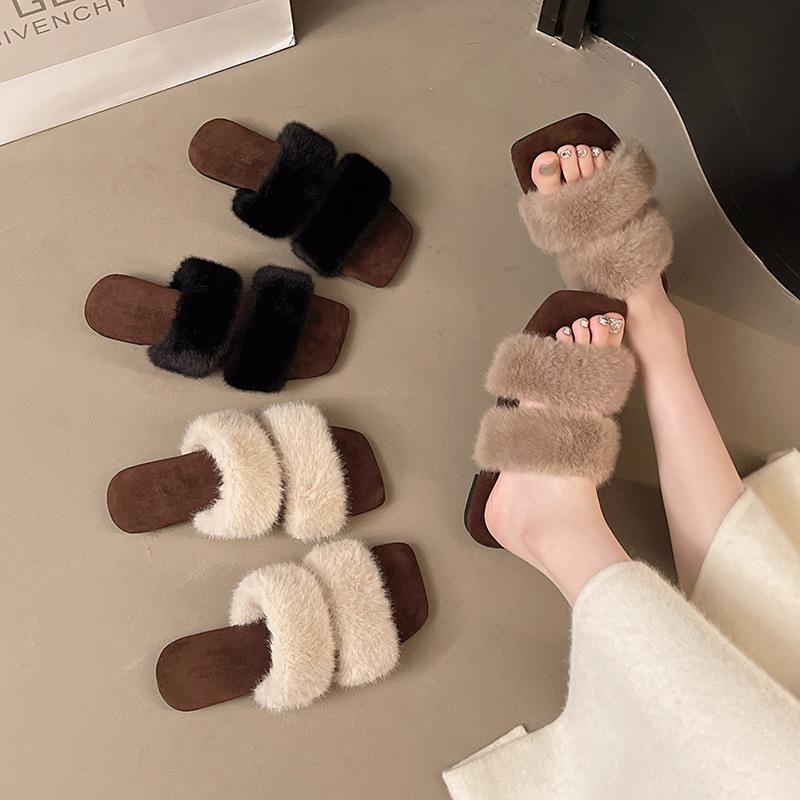 French Flat-bottomed Fluffy Slippers Women's Outer Wear 2025 New Autumn and Winter Skirt Home Fluffy One-word Cotton Slippers