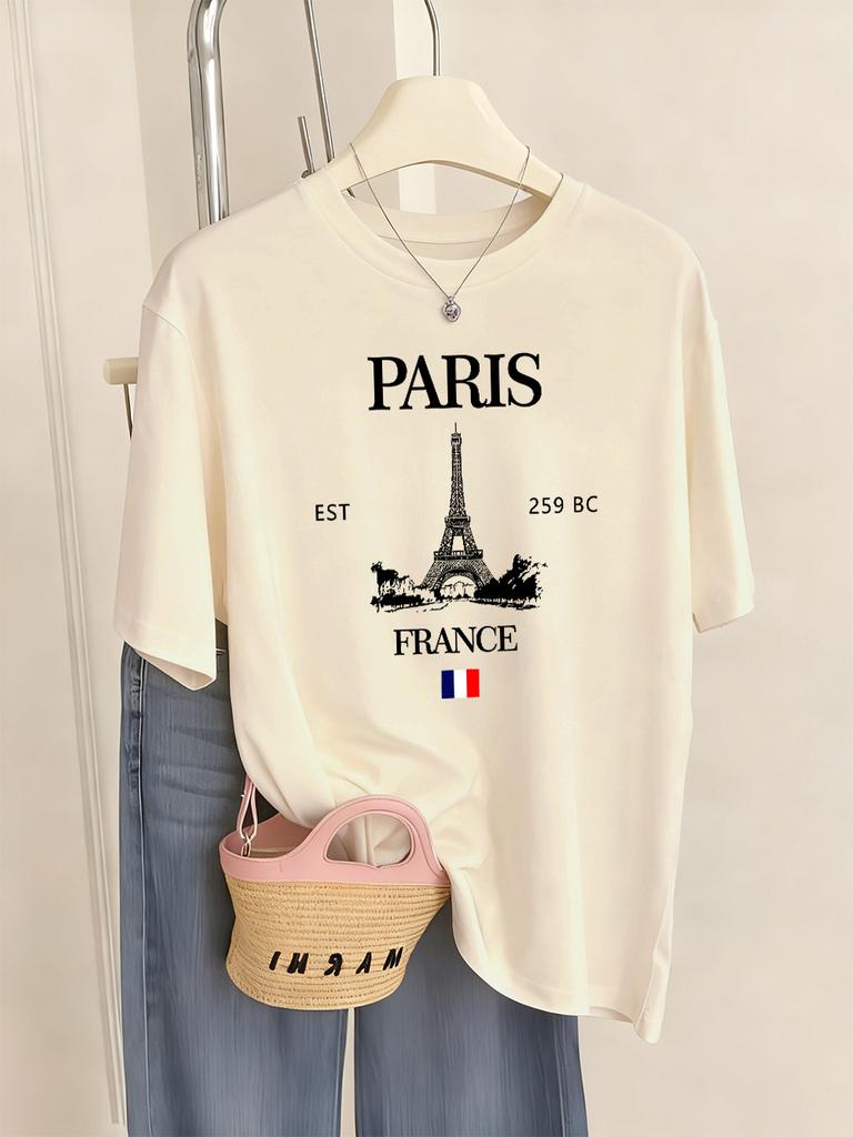 Paris Frankreich Eiffelturm Drucke T-Shirts Damen Sommer Basic Kurzarm Oberteile Rundhals Lockere T-Shirts Basics Weiche Damenkleidung