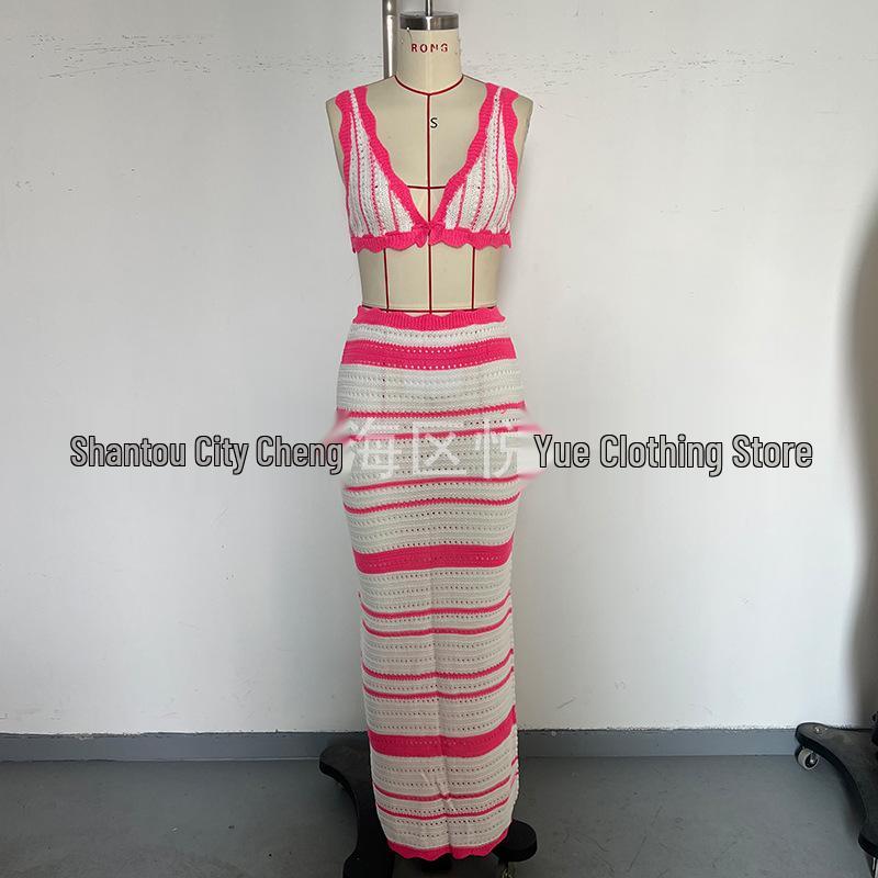 Striped European & American Fashion Vacation Beach Bikini Long Dress Set