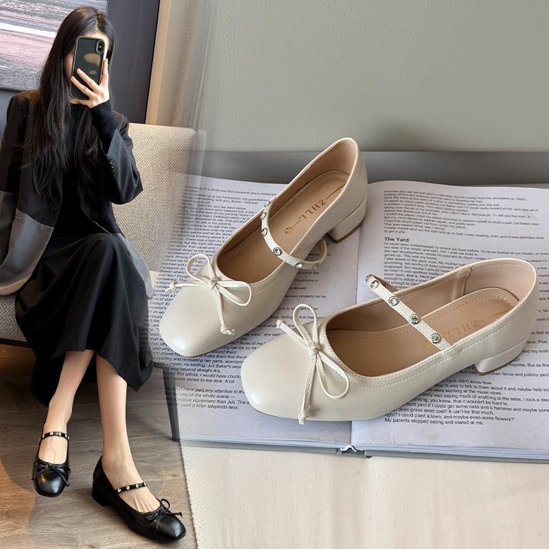 Light luxury word with Mary Jane shoes thick heel single shoes bow fattened and widened large size women's shoes