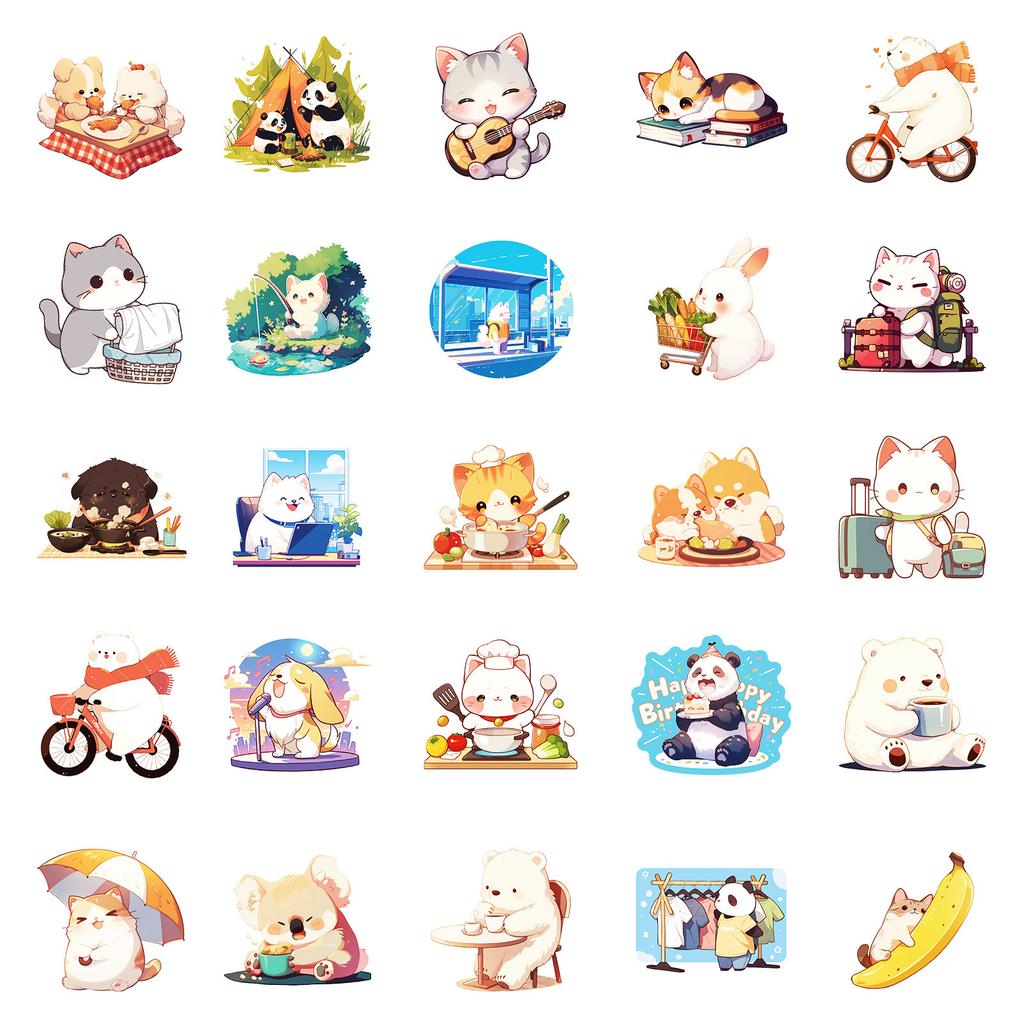 New 50 Cute Animal Day Graffiti Stickers PP Material Waterproof Stickers