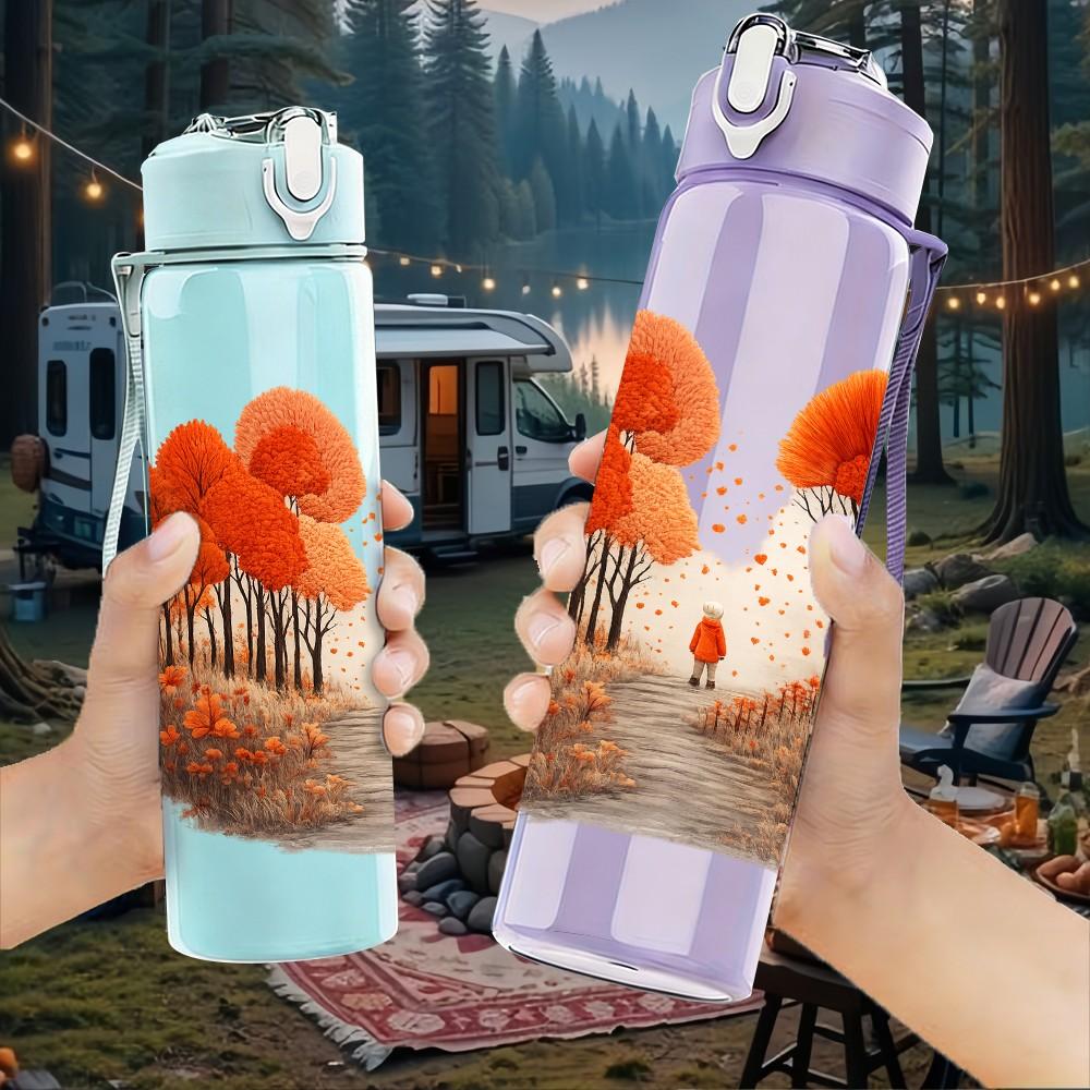 1PC Autumn Orange Red Tree Hill Scene Print 750ml Color Plastic Sports Water Bottle Leakproof Flip Straw Lid Suitable for Sports Office Home Use