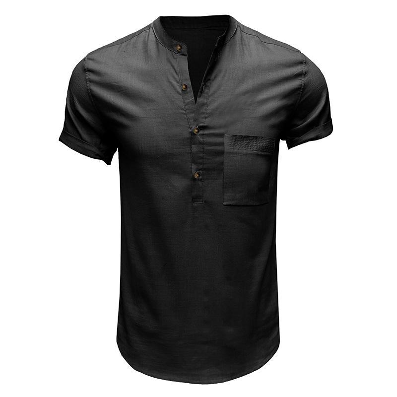 Men's Cross-Border Henley Shirt: European & American Style Cotton Linen Short-Sleeved Solid Color Pocket Shirt