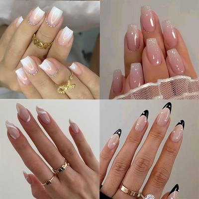 4 Packungen (96 Stk) Press on Nails Medium Design, Misssix Fake Nails Mandel- und Quadrat-Nagelkleber-Set mit Klebelaschen, Nagelfeile für Frauen