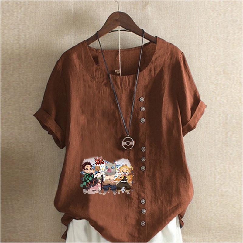 Women's Fashion Round Neck Short Sleeve T-shirt Casual Cotton Linen Graphic Shirt Leisure Loose Cartoon Characters Prined Summer Blouse Tops