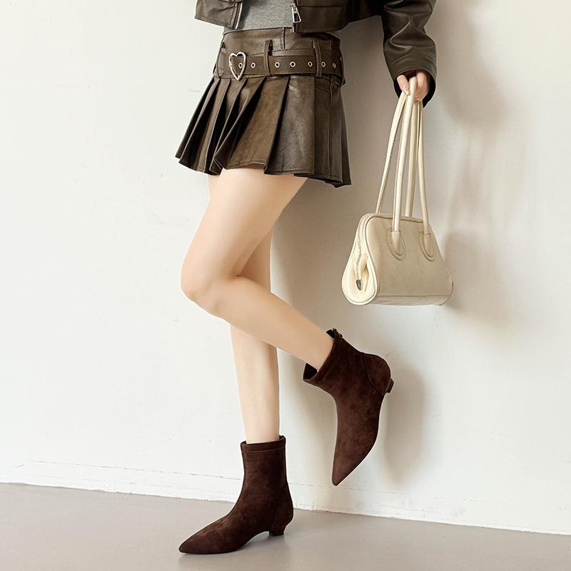 French Suede Short Boots 2025 Autumn and Winter Pointed Fashion Boots Temperament Thin Boots Sleeve Elastic Boots Pure Royal Boots Women