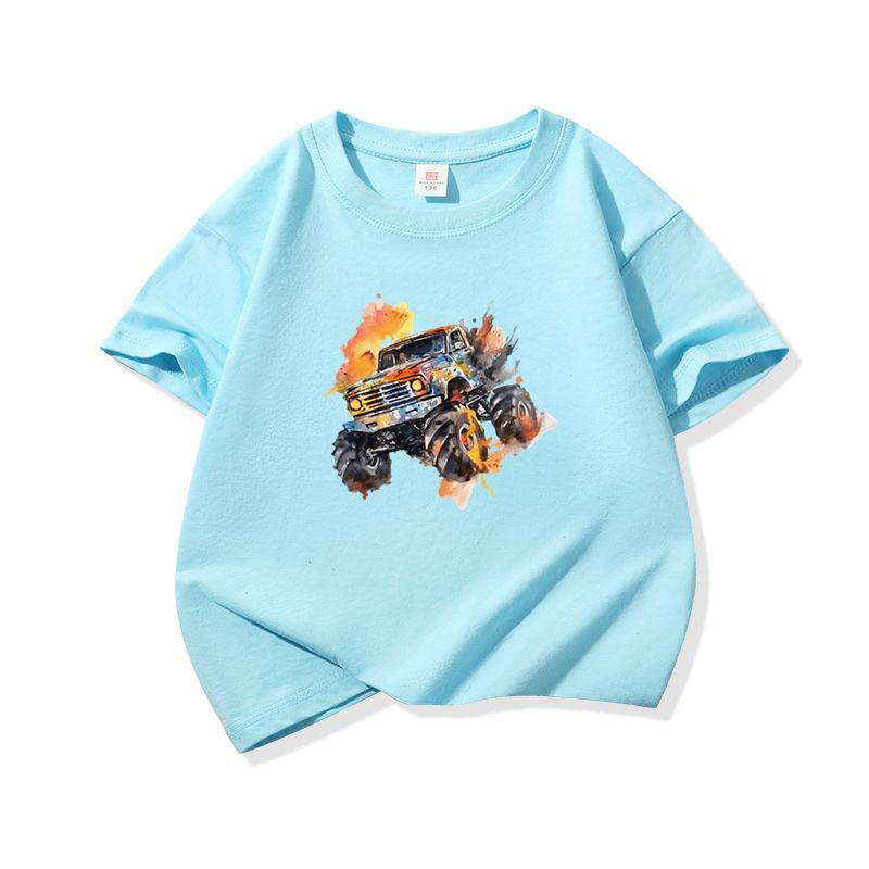 Kids Cotton T Shirt Bright Splash Offroad Vehicle Print Crew Neck Short Sleeve Tee Casual Breathable Boys Girls Summer Tops