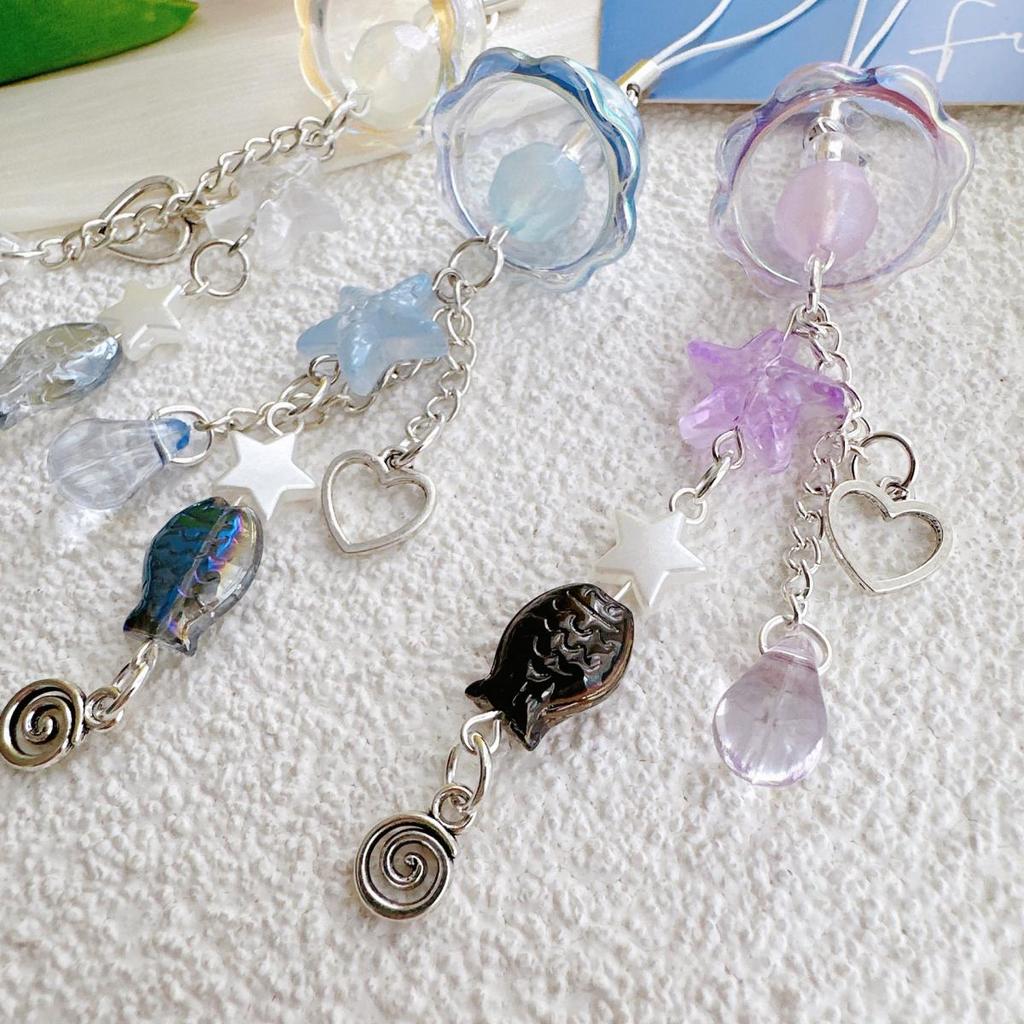 Y2K Purple Pink Jellyfish Key Chain Wind Chimes Star Heart Beaded Keyring for Phone Camera Earphone Case Charm Pendant Keycord