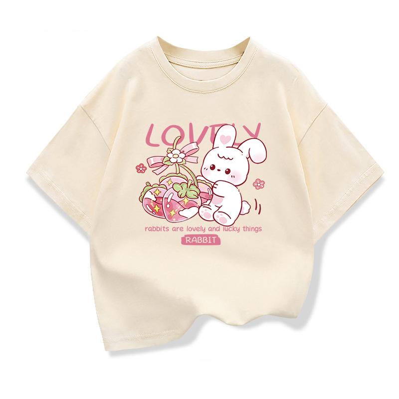 Girls Lovely Rabbit Cartoon Tshirt Kids ShortSleeve Graphic Pink Tops Tee Summer Kids Clothing Loose Pure Cotton Tee