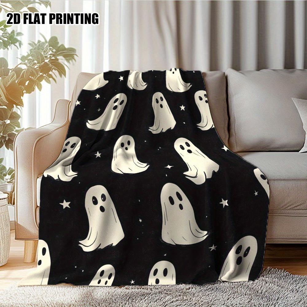 1Pc Ultra-Soft Flannel Halloween Ghosts Printed Throw Blanket – Cozy, Light Beige-Friendly, And Multi-Purpose For Office, Couch,