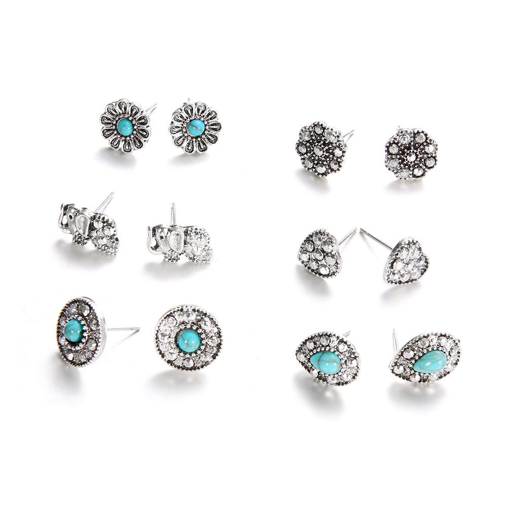 Bohemian Retro Hollow Elephant Turquoise Diamond Stud Earrings Combination Set