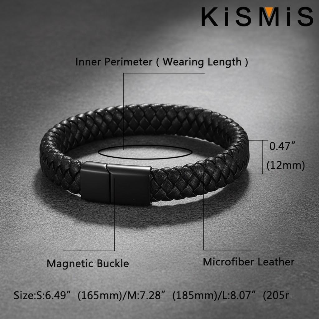 1PC Fashion Mens Woven Leather Bracelet Handmade Black Stainless Steel Magnetic Buckle Wristband