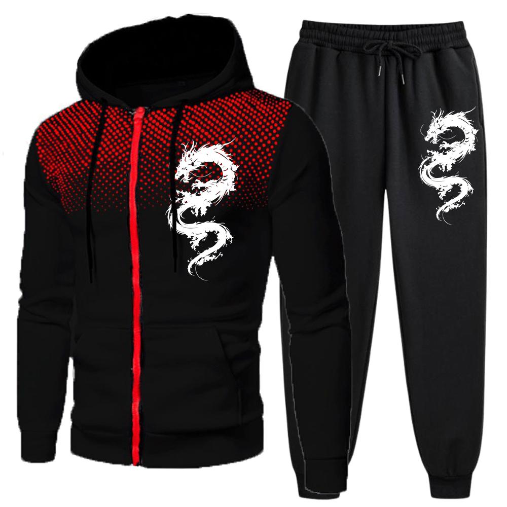 

Мужской спортивный костюм на осень и зиму, повседневный и удобный, с драконом, на молнии, с капюшоном, спортивная рубашка + спортивные брюки, набор из 2 предметов, горячая распродажа XL
