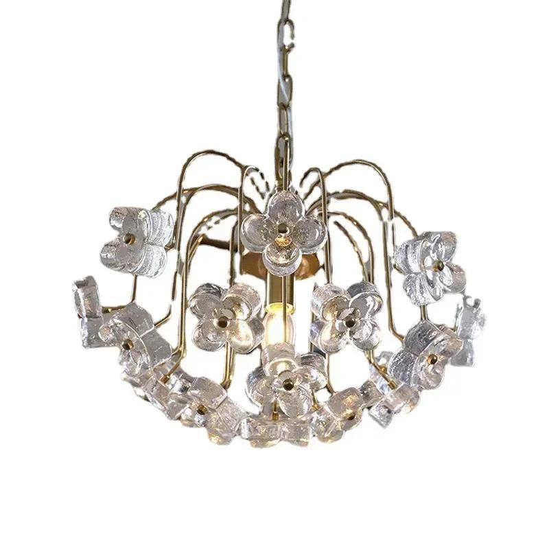 Nordic design luxury glass chandelier retro French countryside petal shaped restaurant bedroom home decoration lighting fixtures