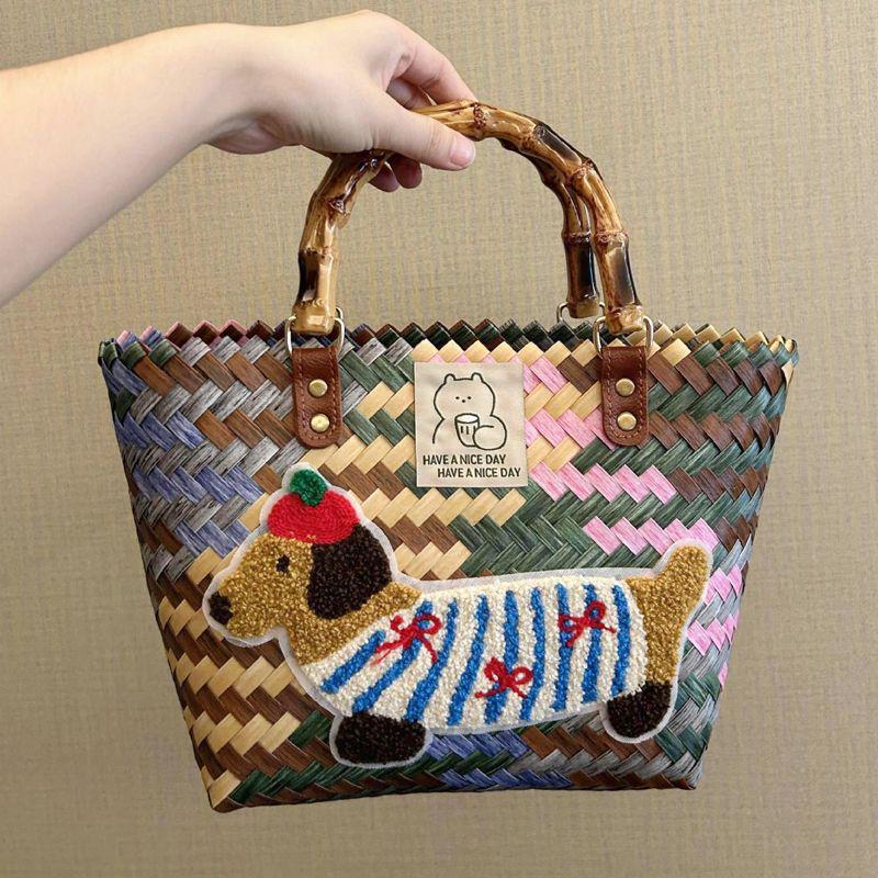 

Dachshund Retro Wicker Handbag: Handmade Bamboo and Straw Beach Bag