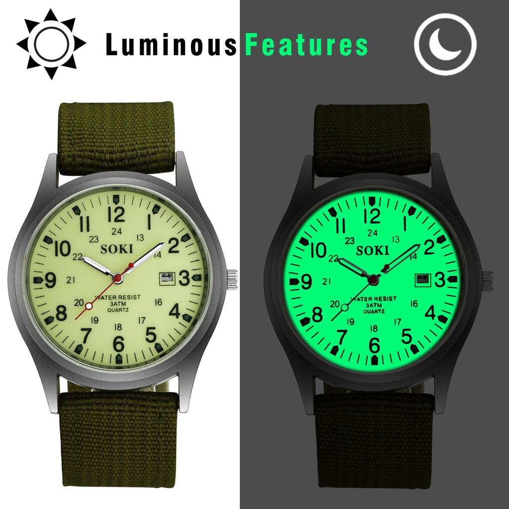 Men's Antique-Style Calendar Watch, Waterproof: Luminous Analog Display, Simple and Stylish Sports Watch, 1224 Quartz Movement, Nylon Strap, Green,