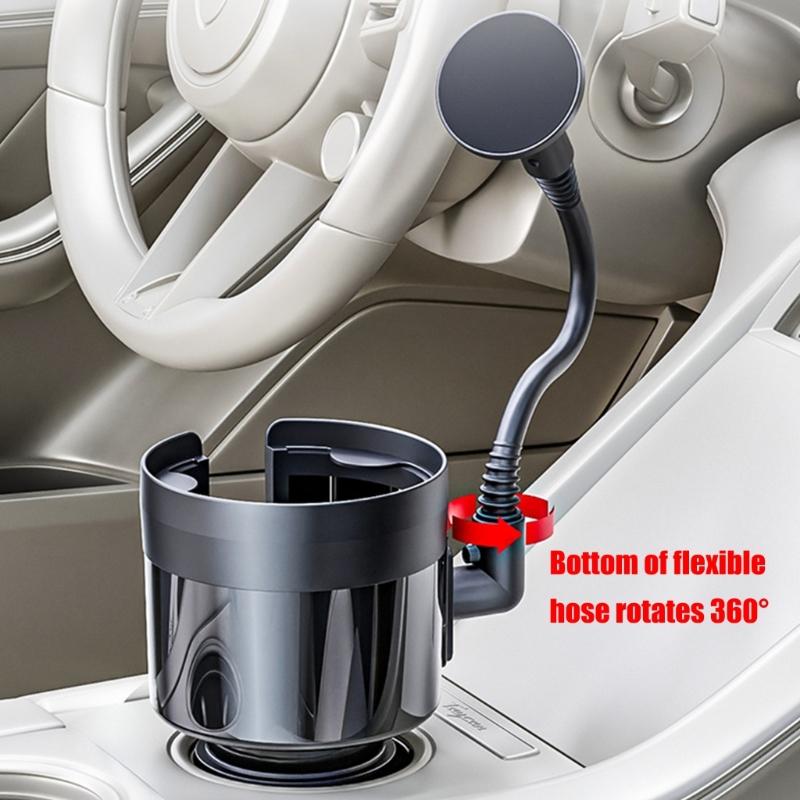 Car Cup Mount for Phone and Drink with Integrated Beverage Compartment, Curved Support Arm, and Cylindrical Base for In-Vehicle Storage