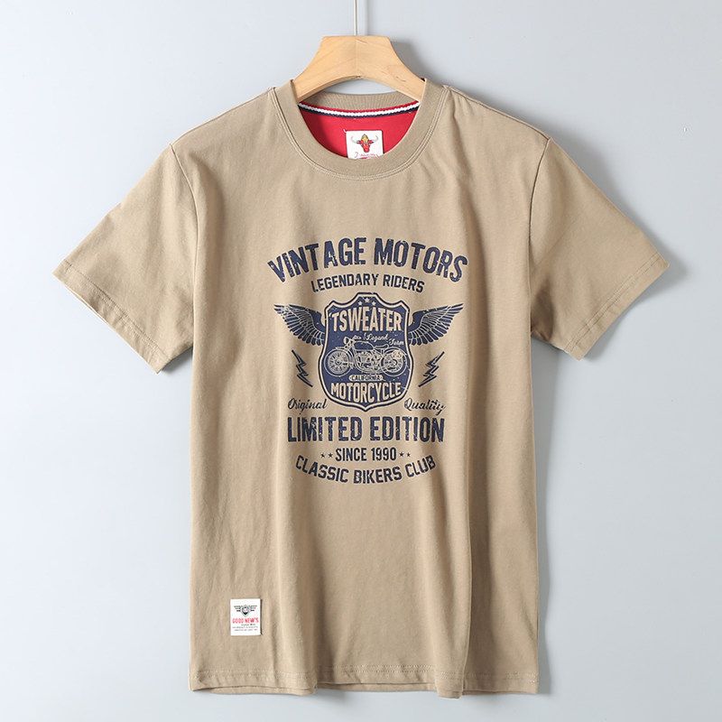 Foreign Trade Export Surplus Summer New Vintage Motorcycle Print All-Cotton Washed Men's Round Neck Casual Short-Sleeve T-Shirt