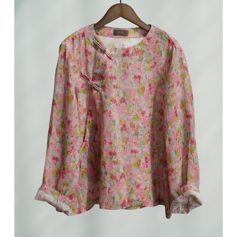 

Johnature Women Vintage Print Floral Shirts Tops Spring Blouses O-Neck Long Sleeve Loose Button Female Shirts One Size