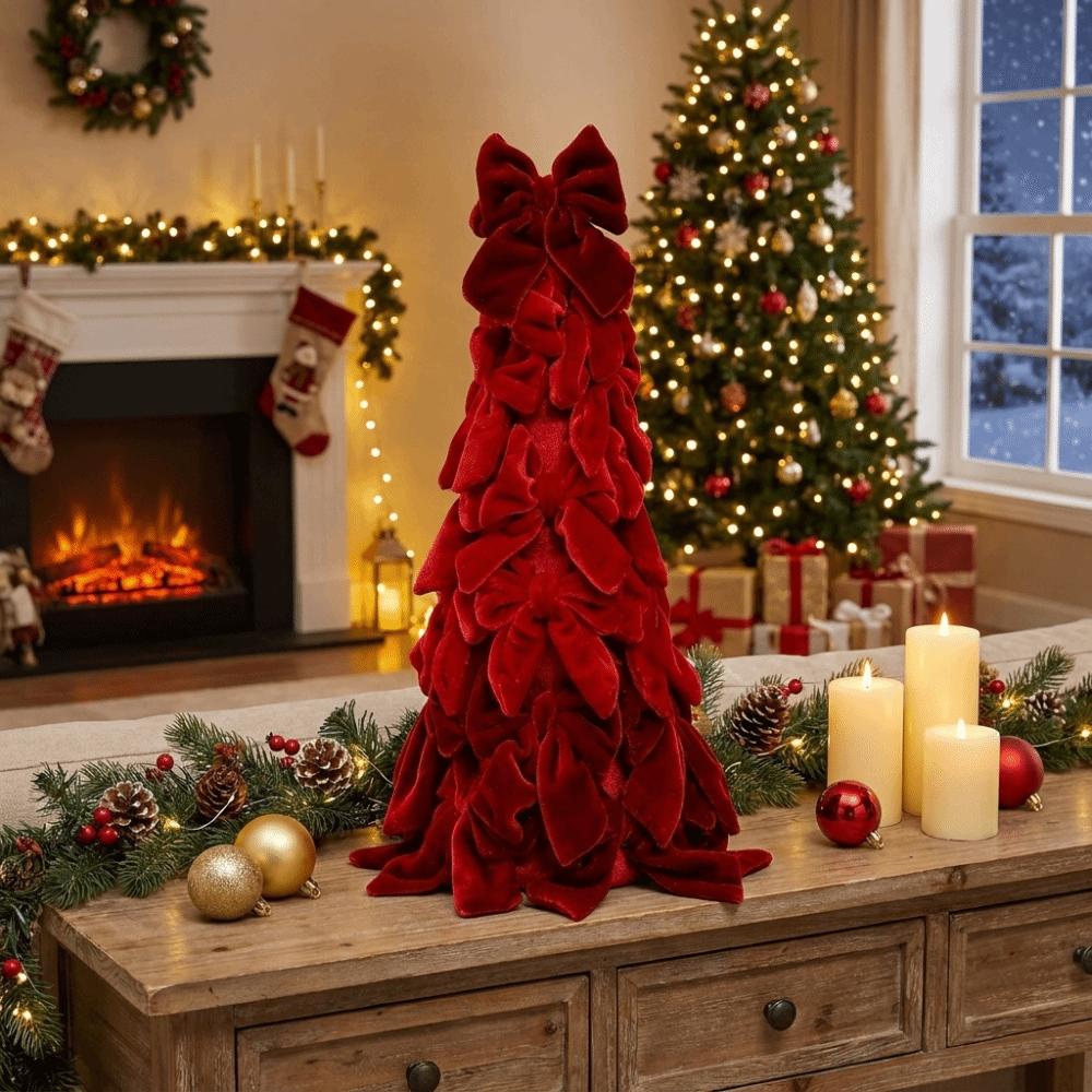 Soft Velvet Bow Christmas Tree Handmade Craft Holiday Tabletop Decoration Bow Tree Tower Wedding