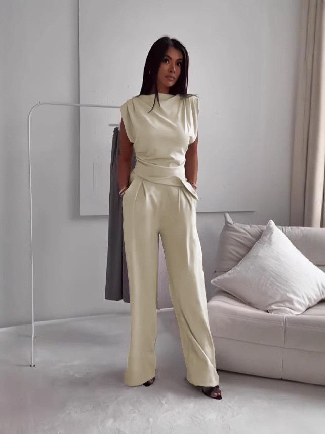 

Женский комплект без рукавов с высокой талией и широкими брюками, повседневный элегантный костюм-двойка в бежевом, коричневом, угольном цвете XXL абрикосовый