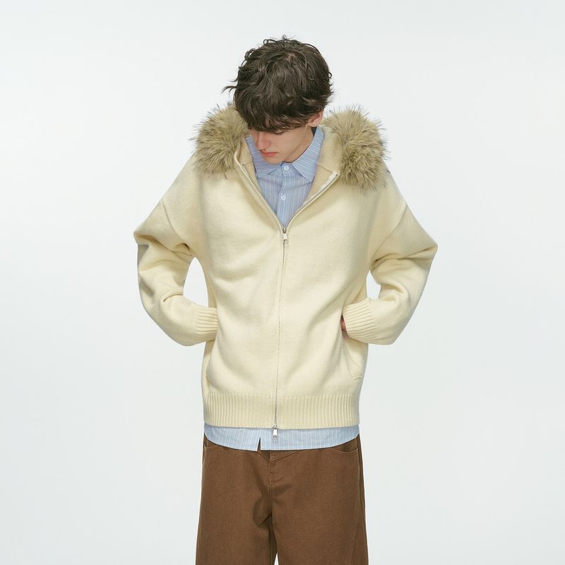 Dream Made American Style Detachable Fur Collar Hooded Cardigan Sweater Jacket Men's Autumn and Winter Couple Knitwear