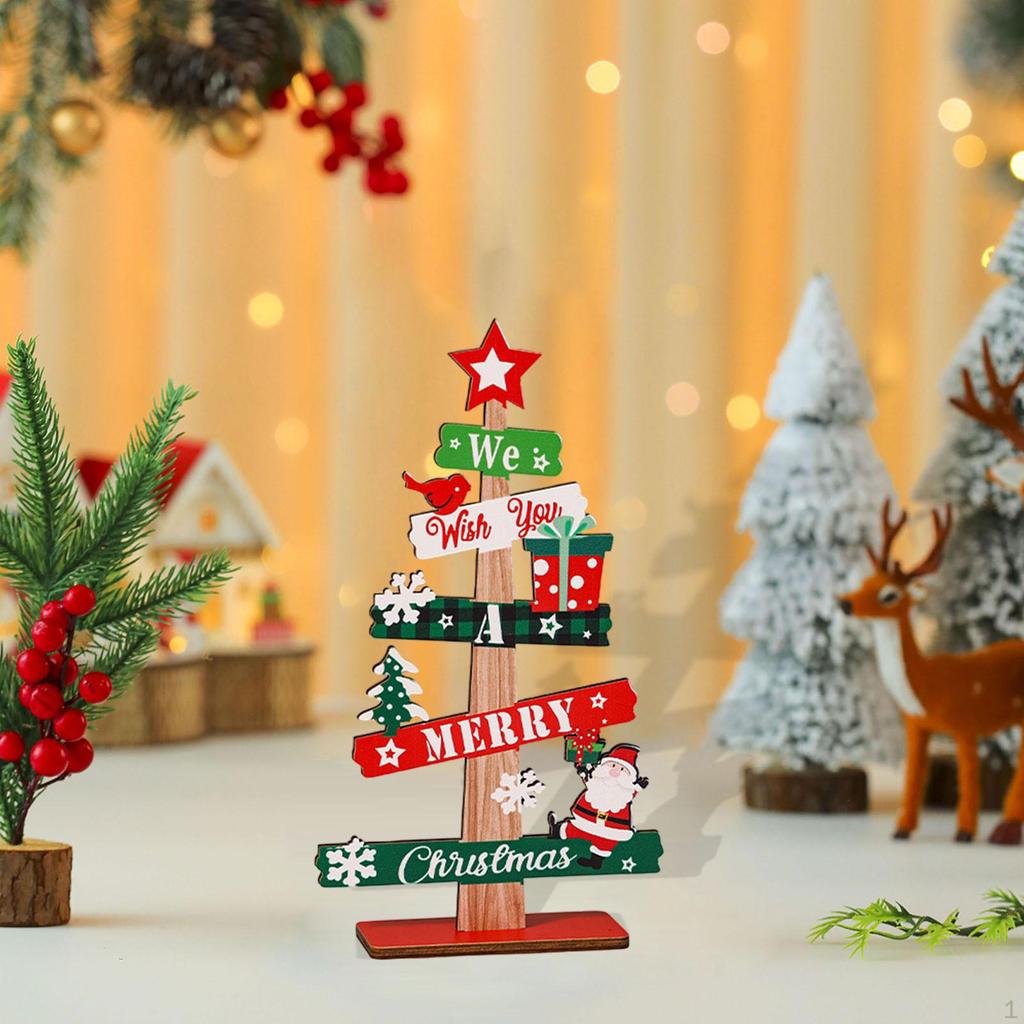 Wooden Christmas Tree Sign Plaque Small Xmas Desk Ornament for Bedroom Bookshelf