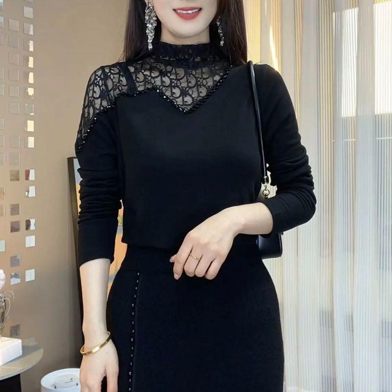 Dámské základní tričko s nepravidelným polovyvýšeným límcem, s výřezem, horkým ražením, s kamínky, podzimní a zimní, temperamentní, silný oboustranný sametový top