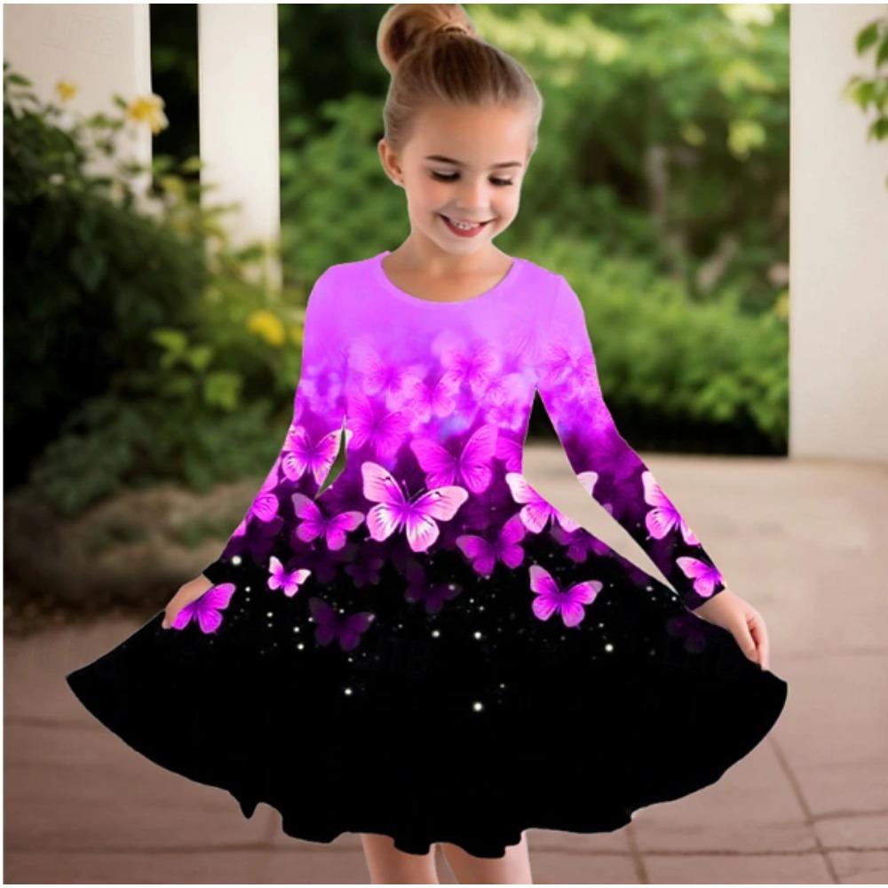 Girl Casual 3D Butterfly Print Round Neck Long Sleeve Dress Kid Princess Dress 80