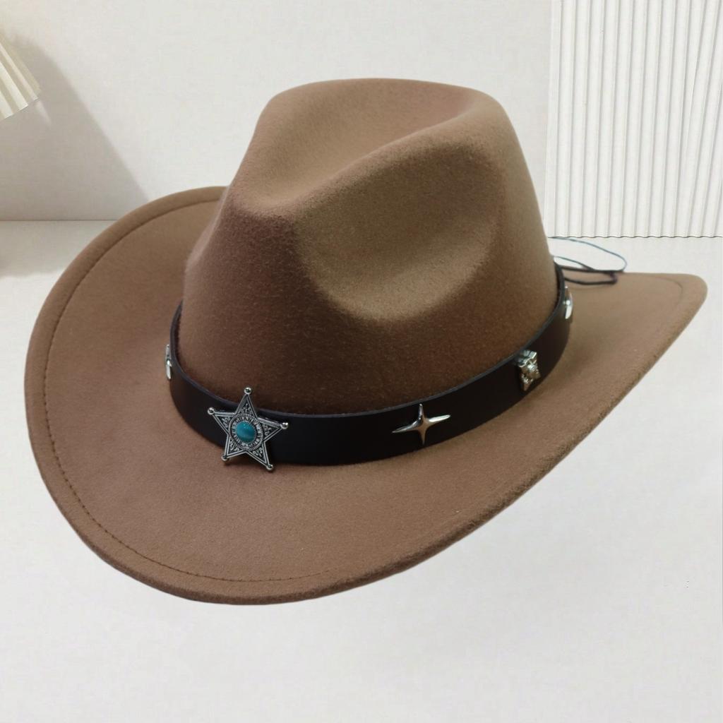 European and American Woolen Hat Women's Western Retro Cowboy Hat Men's Five-pointed Star Ethnic Style Decorative Flat Top Top Top Hat