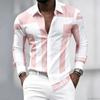 Men's Black and White Geometric Coarse Stripe Printed Long Sleeved Lapel Shirt, Retro Slim Fit Shirt, Trendy Casual Men's Top