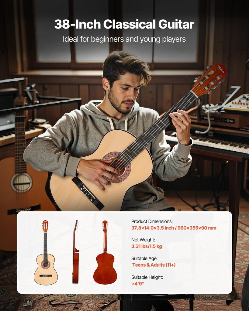 Classical Guitar, 960 mm, Wood Classical Guitar Starter Kit for Beginners, with Nylon Strings, Gig Bag, Strap, Tuner, Extra Strings, Picks, Capo,