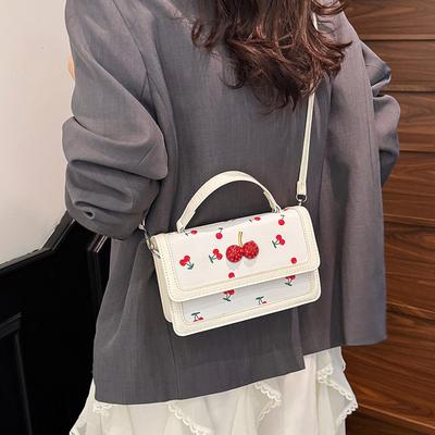 New Cute Cherry Printed Messenger Bag Twist Portable Small Square Bag Splicing Contrasting Color Design Shoulder Bag Tide