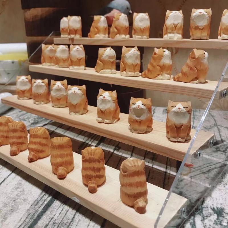 Handmade Mini Wooden Kitten Statue Hand Carved Cute Cat Figurine Polished Smooth Craft for Bedroom Dresser Decor Gift