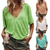 Літня жіноча футболка великого розміру однотонна з V-подібним вирізом та коротким рукавом, вільний базовий топ