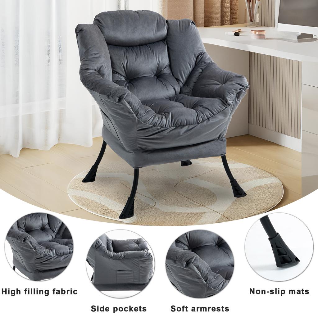 Lazy Chair, Relaxing Chair with Metal Frame and a Side Pocket, Simple Style Comfy Chairs for Bedrooms Living Room Balcon
