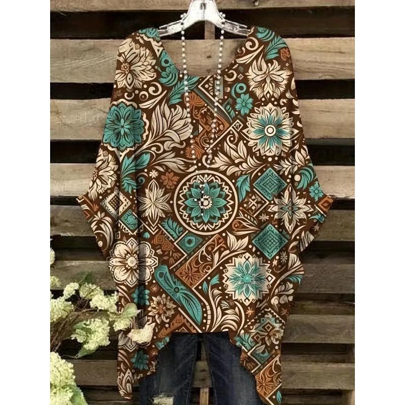 Camisetas Oversize Estilo Bohemio Chic Estampado Étnico Vintage Sencillo Dobladillo Irregular Cuello Redondo Top para Mujer Moda Versátil Ropa de Mujer