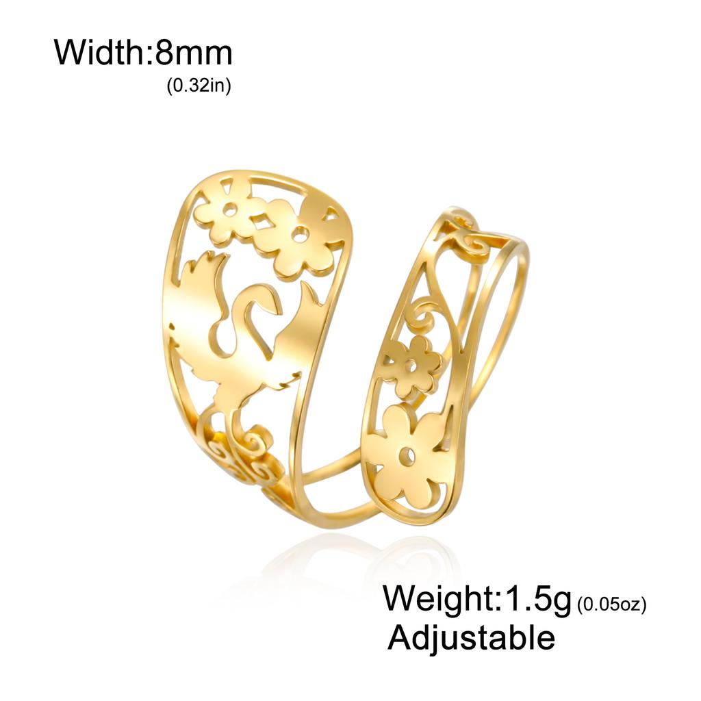 Vintage Flower Phoenix Hollow Stainless Steel Open Ring Gold Silver Bird Floral Adjustable Fashion Woman Gent Jewelry Gift