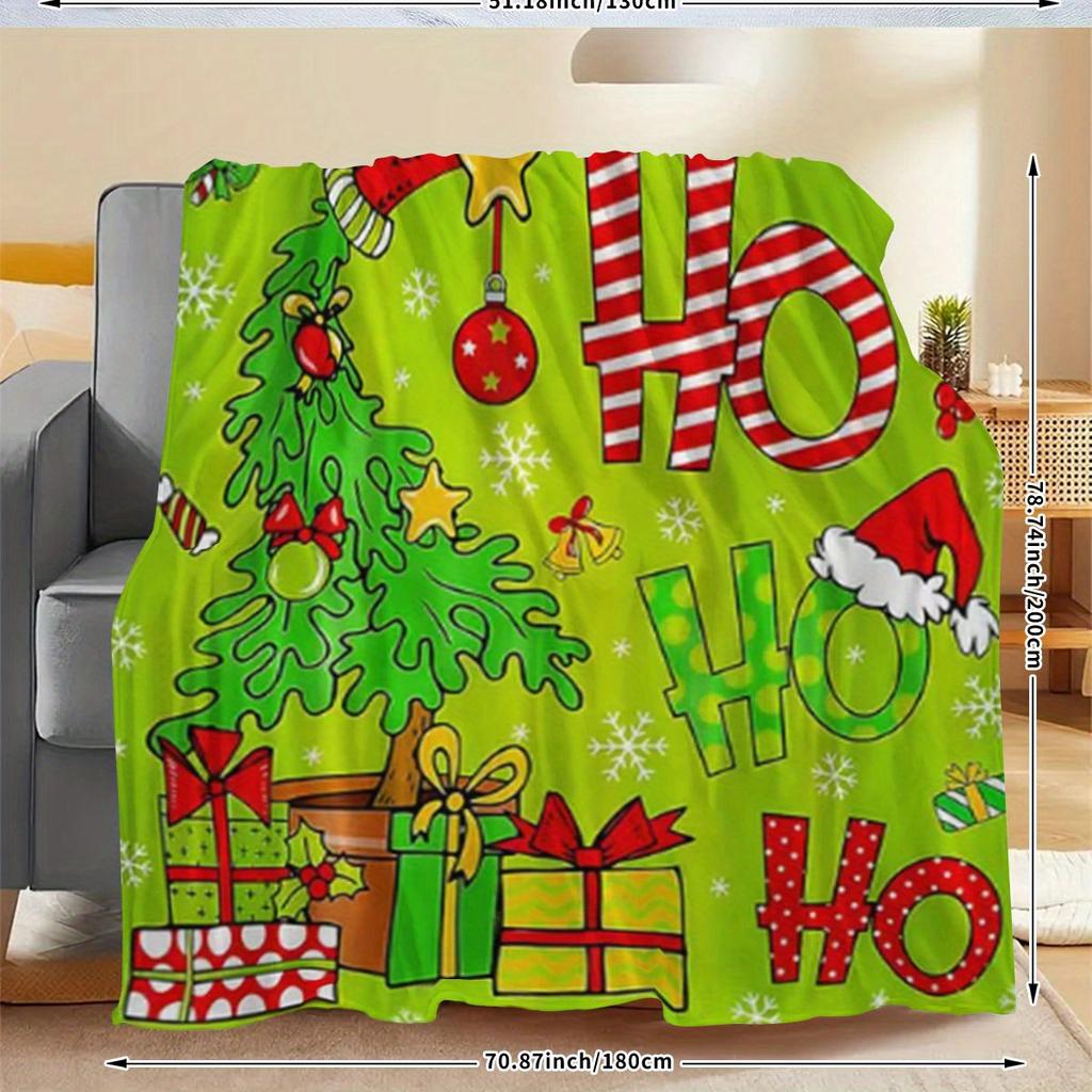 Christmas Plaid Flannel Blanket, Red Green HO HO HO Print, Soft Lightweight Throw for Couch Bed, Festive Holiday Decor Gift