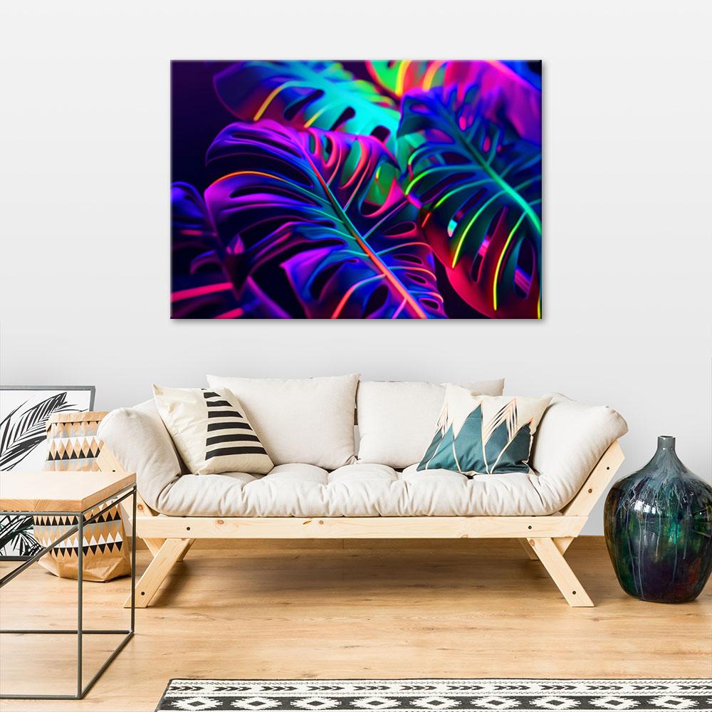 Canvas Print, Monstera Leaves In Neon Colors